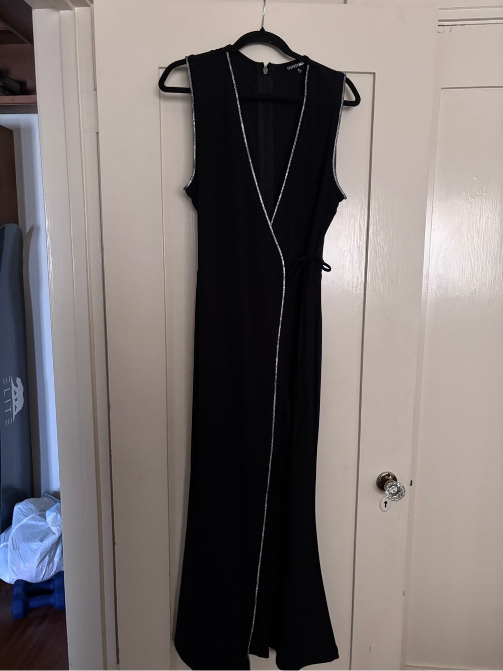 Fashion Nova Black Sleeveless Wrap Jumpsuit with Silver Trim